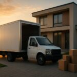 a moving truck parked in front of a modern house with cardboard boxes nearby at sunset