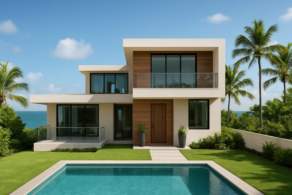 modern house with pool in a tropical setting