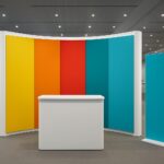 Colorful curved display backdrop in a modern exhibition space
