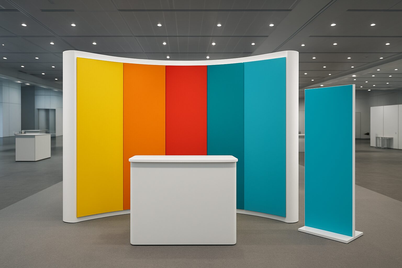 Colorful curved display backdrop in a modern exhibition space